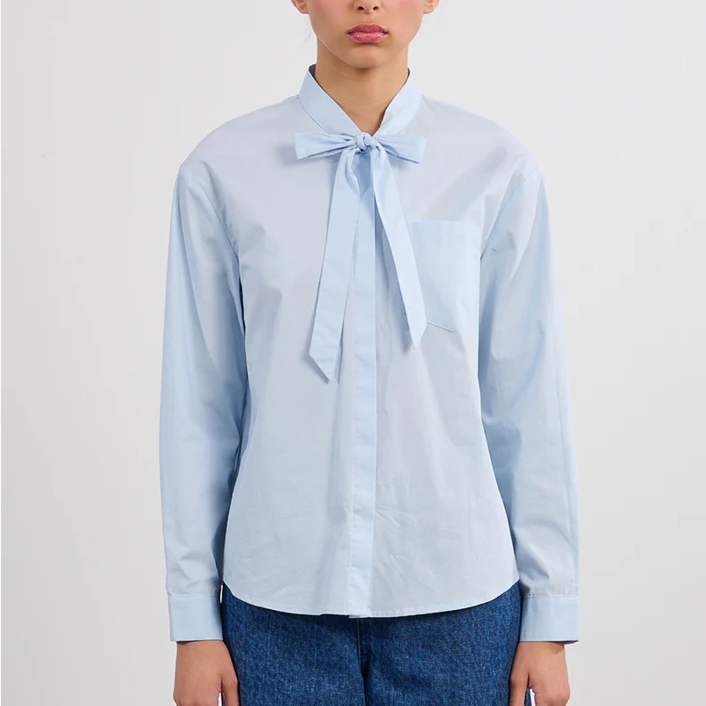 Lili Sidonio Top Women’s Woven Front Bow Tie Button Up Blouse Blue NWT
